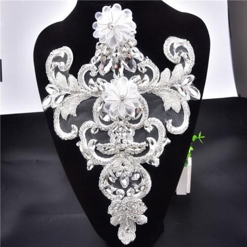 1pcs Rhinestone Appliques For Wedding Belt silver Crystal Beads Sew On Full dress Rhinestone mesh Appliques Bridal Accessories