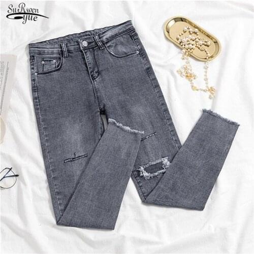 2020 Jeans Female Denim Pants Hole Korean Fashion Button Womens Pencil Pants Gray Denim Elastic Trousers for Ladies Donna 10633