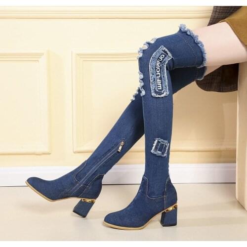 Fashion Women Fall Boots Over the Knee Cowboy Boot For Girl Comfort High Heels for women 2021 Ladies Zipper Chunky Heels Shoes