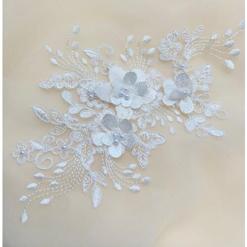 3D Flower Car Bone Thread Lace Patches Mirror Flower With Beading Wedding Dress Veil Sewing Accessories New V2565
