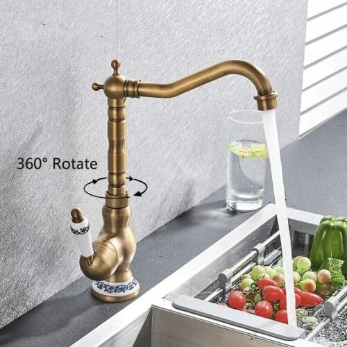 Antique Basin Brass Faucets Deck Mounted Bathroom Rotate Sink Vintage Porcelain Copper Faucet Water Mixer Taps Bronze Crane Tap