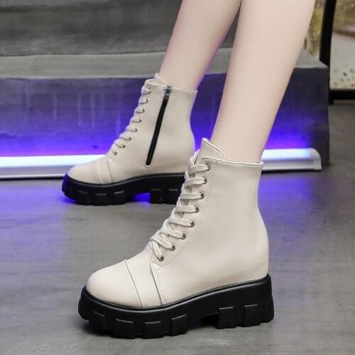 2021 New INS Woman Leather Ankle Boots Lace Up Shoes Woman fashion Short Winter Warm Boots Platform Heels Footwear size 34-39