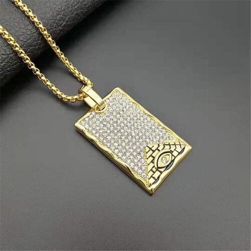 Hip Hop Iced Out Full Rhinestone Rectangle Egyptian Pyramid Pendant Necklaces Gold Color Stainless Steel Chains For Men Jewelry