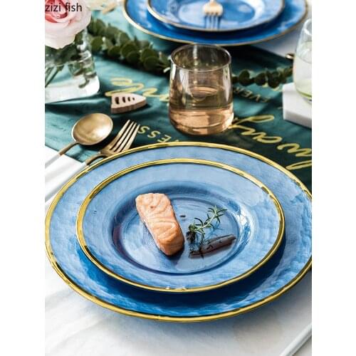 European Style Painted Golden Frame Glass Plate Western Tableware Set Salad Cake Plate Dinner Household Dishes Kitchen Utensils