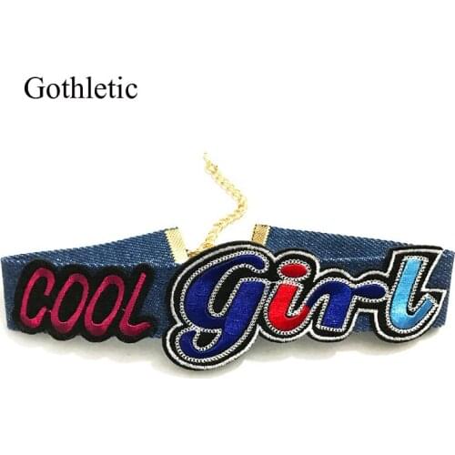 Gothletic Blue Denim Jean Choker Cool Girl Letter Necklace for Women Collares Fashion Jewelry Gift for Rock Club Girl