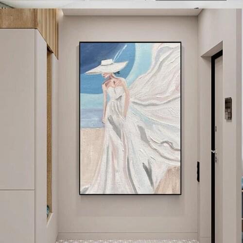 Oil Painting Hand painted Girl In White Dress With Hood Canvas paintings For Living Room Decorative Painting Pictures Home Decor