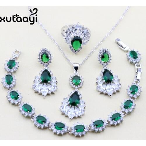XUTAAYI Green Created Emerald White Stones Fashion Silver Jewelry color Sets Superior Necklace Rings Earrings Bracelet