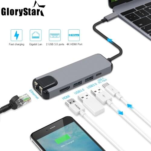 5 in 1 USB Type C Hub Hdmi USB C Hub to Gigabit Ethernet Rj45 Lan Adapter for Macbook Pro Thunderbolt 3 USB-C Charger Port