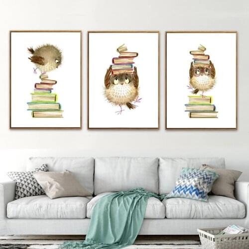 Korean Cute Cartoon Baby Birds Stands On Books Canvas Painting Kids Room Wall Picture Modern Home Decor