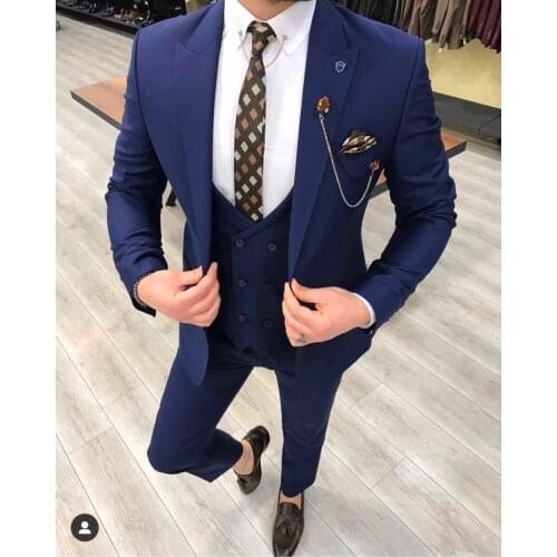 Handsome Casual Navy Blue Mens Fashion 3 Pieces Set Suit Formal Wedding Groom Prom Best Man Blazer Masculino (Jacket+Pants+Vest)