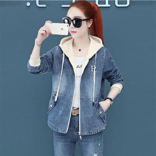 Fashion Letter Embroidery Hooded Denim Jacket Women Korean Style Patchwork Zipper Jean Coat Streetwear Short Outwear Tops Female