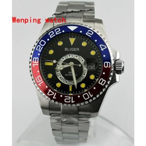 Fashion luxury brand Bliger 43mm black dial yellow beads stainless steel case blue&red bezel date men mechanical automatic Watch