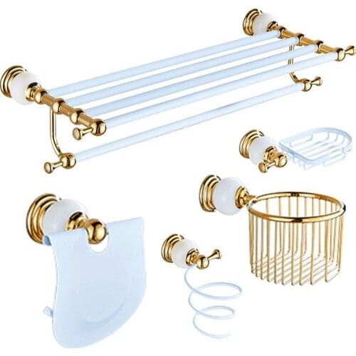Bathroom Accessories Set Brass & Jade White Gold Paper Holder Towel Bar Shelf Soap Basket Towel Rack Robe Hook Bath Hardware Set