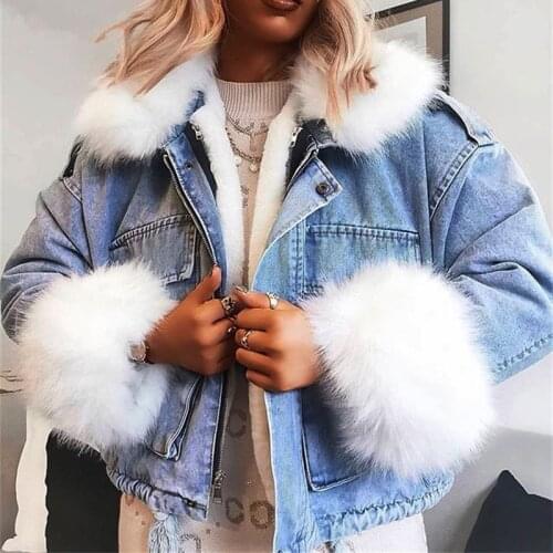 NEWDISCVR 2020 New Fur Winter Jeans Big Fur Collar Velvet Coat Femalelong Sleeve Warm Jackets Bomber Windbreaker Denim Jacket