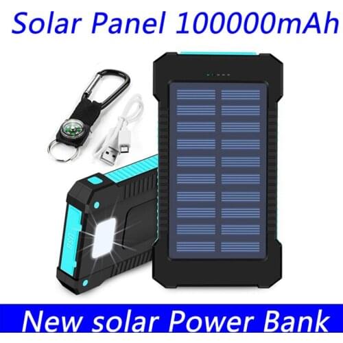 New Solar panel Power Bank 100000mAh compass outdoor waterproof belt wireless charging super fast multifunctional power bank