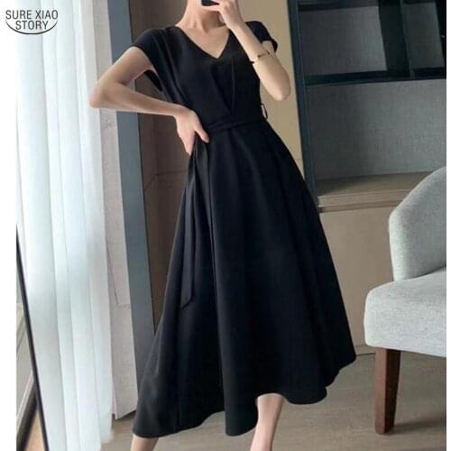 Elegant Party Dress Summer New Black Dress 2021 Plus Size A-Line Short Sleeve Female High Waist Casual Women Maxi Dresses 15232