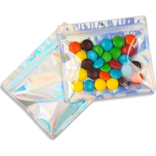 50Pcs Clear Front Holographic Zip Lock Cosmetic Bags Aluminum Foil Flat Pouches Clothes Jewelry Ziplock Package Bags Hang Hole