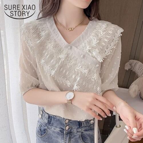 French Retro 2021 Summer Women Blouse V-neck Lace Polka Dot Bubble Short Sleeve Ruffle Tops Slim Jacquard Chiffon Shirt 15247