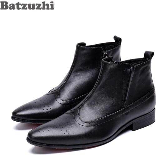 Batzuzhi Luxury Autumn Men Boots Pointed Toe Black Soft Genuine Leather Boots Men Ankle Short Business botas hombre, Big Sizes