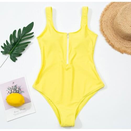 Sexy Solid Yellow One Piece Swimsuit Women Zipper Push Up Bra Bodysuit Monokini Cut Out Brazilian Bathing Suit Swimwear 2020