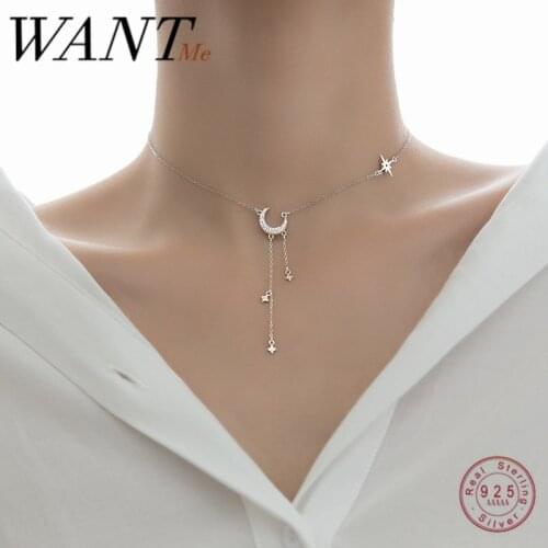 WANTME Fashion Real 925 Sterling Silver Crystal Zircon Star Moon Tassel Pendant Chain Necklace for Women Party Wedding Jewelry