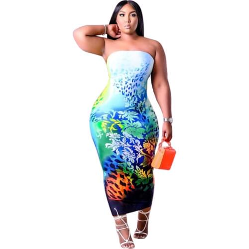 L-4XL Summer 2021 Plus size women clothing fashion sexy club printing Tube top sleeveless slim long dress Wholesale Dropshipping
