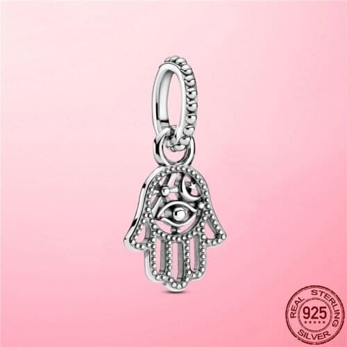 Hot Sale Lucky Charm 925 Sterling Silver Protective Hamsa Hand Dangle Charm Beads fit pan Bracelet 925 Silver jewelry