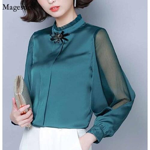 Elegant Women 2020 Autumn New Long Sleeve Cuff Mesh Stitching Stand-up Collar Chiffon Shirt Ladies All-match Solid Blouse 12054