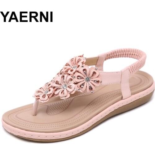 YAERNISummer Fashion Flower Women Casual Flip Flop Flat Sandals Shoes Woman Crystal Bohemia Gladiator Beach Sandals 35-42E972