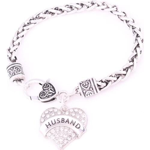 Female Jewelry Charm Bracelet HUSBAND Written In Heart Pendant With Crystals Gift For Family Member Zinc Alloy Dropshipping