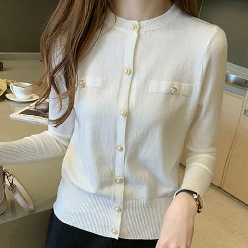 2021 Autumn Korean Elegant Fashion Knitted Cardigan Sweater Black Coat Womens Beading White Vintage Sweater Solid Button 1172