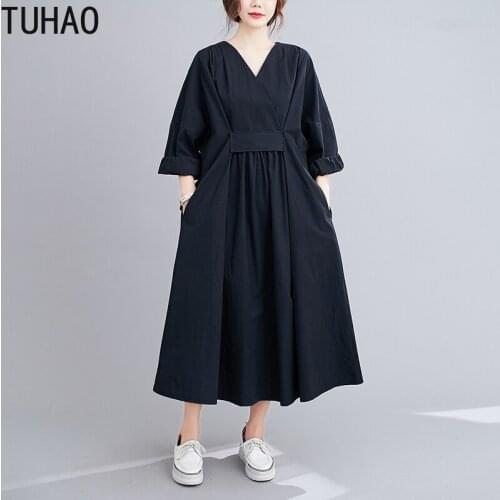 TUHAO Women Dress Large Plus Size Loose Knee Length Three Quarter Sleeve Casual BLACK Dresses Autumn Winter Female Dress