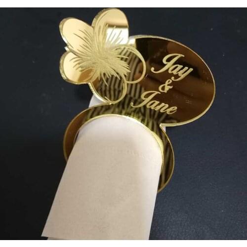50pcs Personalized Table Acrylic Wood Napkin Ring, Custom Wedding Flower Napkin Ring with Names Decor Supplies