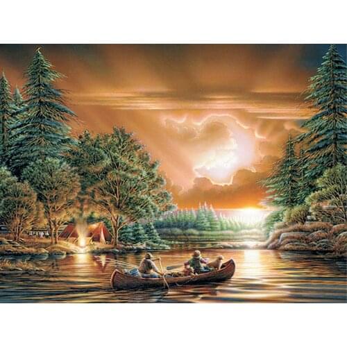 Diamond Painting Dusk Fishing Boat Full Diamond Square Round 5D DIY Diamond 3D Embroidered Cross Stitch Mosaic Home Decoration