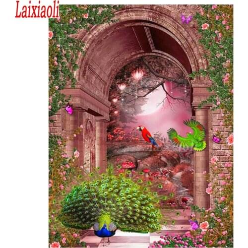 Diamond Painting 5D Peacock art Diamond Embroidery door of forest Scenery Mosaic Cross Stitch Home Decor Full Square round Dril
