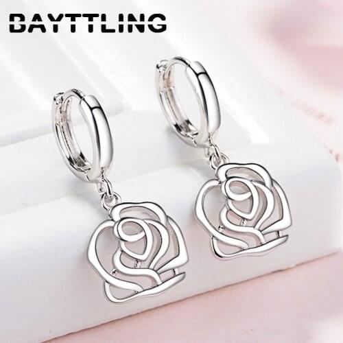 BAYTTLING 925 Sterling Silver 26MM Glossy Exquisite Hollow Rose Drop Earrings For Women Fashion Wedding Jewelry Gifts