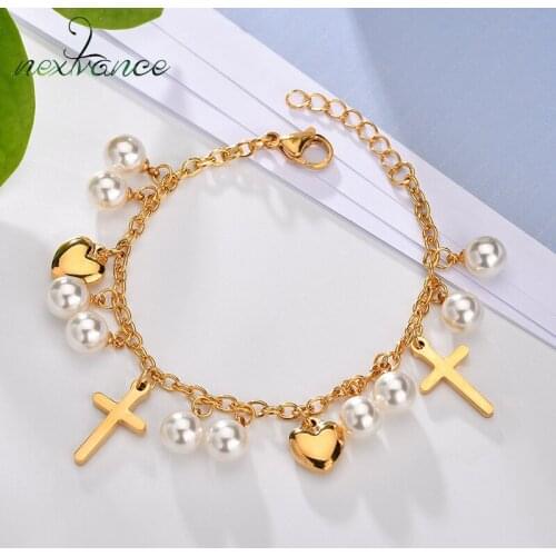 Nextvance Fashion Hearts Chain Bracelet Women Charm Imitation Pearl Bangles Cross Bracelets For Religious