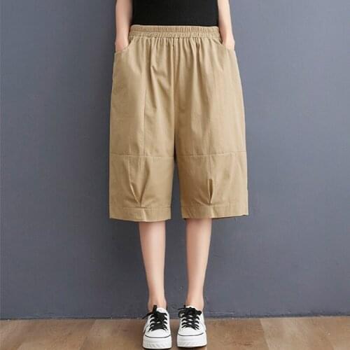 100% Cotton Women Summer Knee Length Casual Pants New Arrival 2021 Simple Style Elastic Waist Female Loose Straight Pants B563