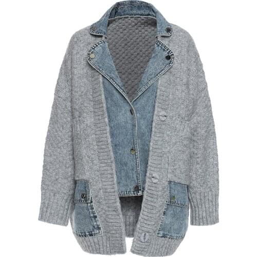 DEAT 2021 New Fashion Patchwork Turn-down Collar Pocket European Fashion Loose Stitched Denim Thickened Sweater 7I0784