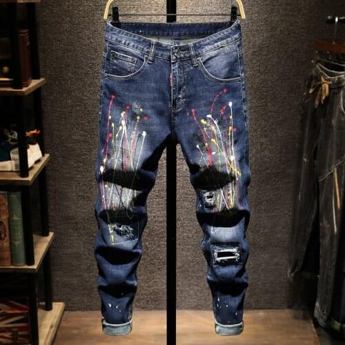 European American Street Fashion Men Jeans Retro Dark Blue Elastic Slim Ripped Jeans Men Painted Designer Hip Hop Splash Pants