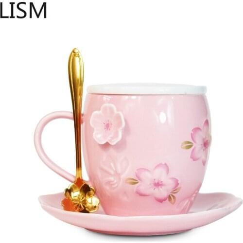 Korean Cute Creative Mug Cartoon with Spoon with Lid Simple Ceramic Mug Student Breakfast Mug Milk Cute Flowers Cups and Mugs