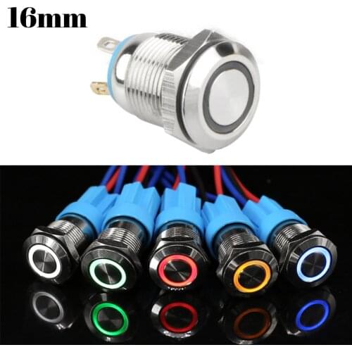 16mm Metal Push Button Switch Momentary LED Light Waterproof Self-Locking Power Button 12V Button, Connector for Push Button