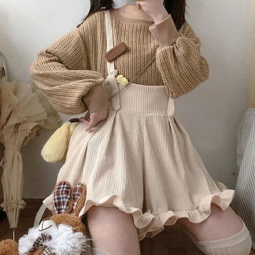 Kawaii Solid Corduroy Jumpsuit Ladies Lolita Ruffle Loose Spring Korean Version of Ulzzang Harajuku Casual Soft Womens Jumpsuit