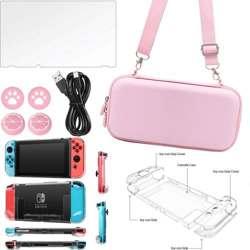 Accessories Kit For Nintendo Switch Pink Storage Bag Black Charging Cable Clear Cover Case Screen Protector With Thumb Grips