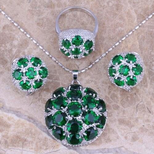 Rare Green Cubic Zirconia Silver Plated Jewelry Sets Earrings Pendant Ring Size 6 / 7 / 8 / 9 / 10 / 11 / 12 S0021