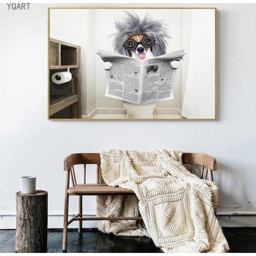 Funny Artwork of Dog Reading Newspaper Toilet Wall Art Canvas Prints Paintings Wall Picture Home Bathroom Decor Dogs Lover Gift