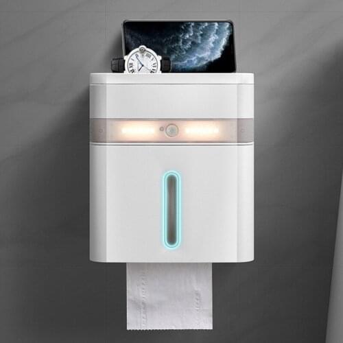 Wall Mounted Toilet Paper Holder With Smart Sensor LED Lighting Waterproof Large Capacity Bathroom Tissue Storage Box