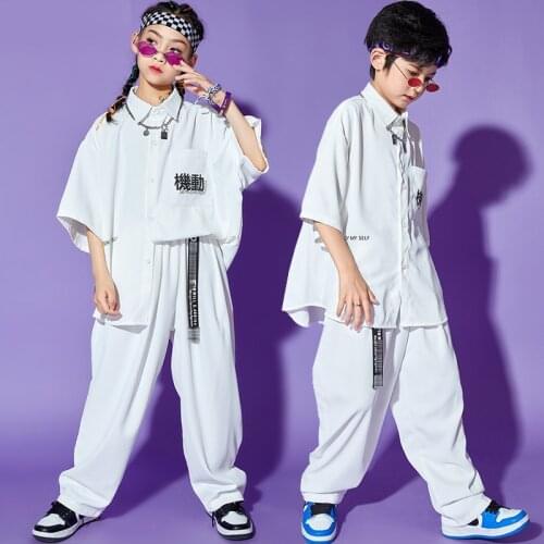 New White Loose Hip Hop Clothing For Kids Shirts Pants Street Dance Outfits Girls Rave Wear Boys Stage Performance Suit BL6468