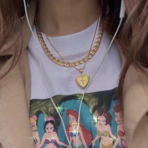 Fashion Gold Thick Chain Heart-shaped Carved Cross Necklaces For Women 2020 New Multilevel Pendant Female Necklace Jewelry