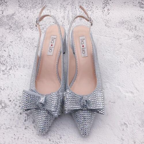 CHS1291 Custom Handmade SlingBacks Dress Pumps Big Size Blcok Heel Women Shoes Silver Crystal Bridal Wedding Shoes